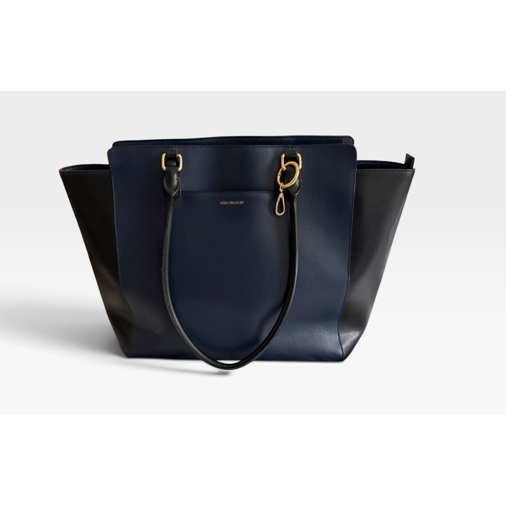 Vera Bradley Ella Tote Navy Blue Black Leather Large Shoulder Bag Gold Hardware